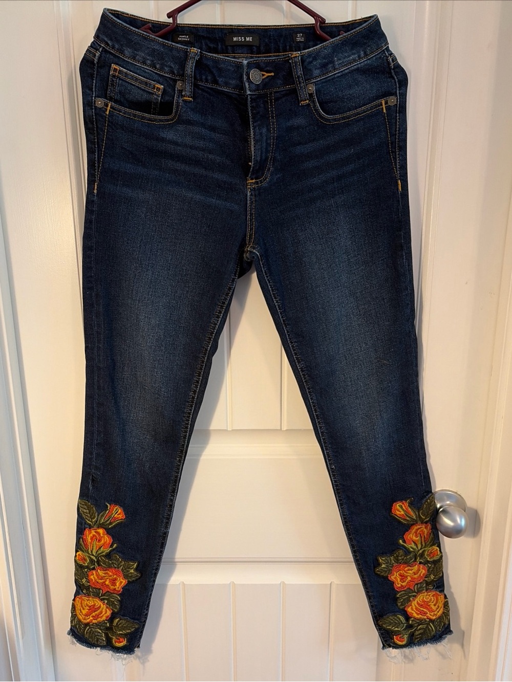 Miss Me Dark Blue Ankle Skinny Jeans with Orange Floral Embroidery size 27